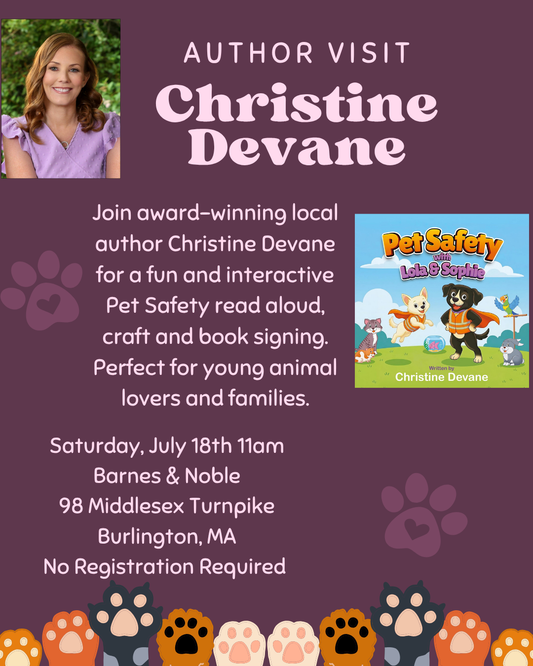 Author Visit flyer for Christine Devane at Barnes and Noble Burlington MA on July 18th