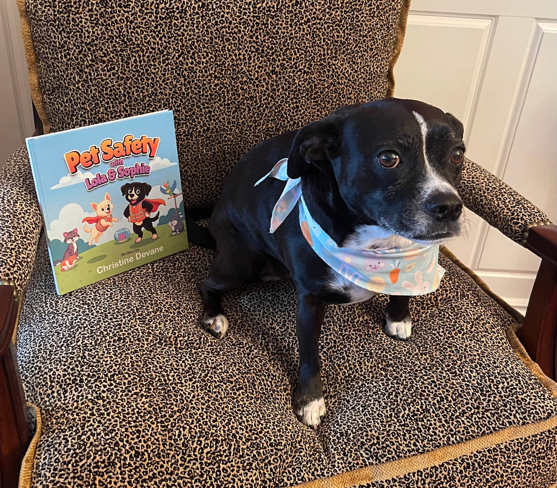 Sophie the dog sitting on a chair next to Pet Safety with Lola and Sophie book, wearing an Easter bandana