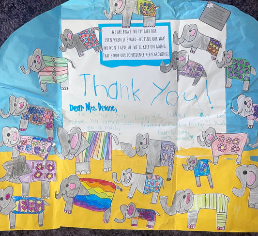 Hand-drawn thank you card from Mrs. Gutheil's Kindergarten SuperKids at Washington Drive Primary School, decorated with colorful elephants