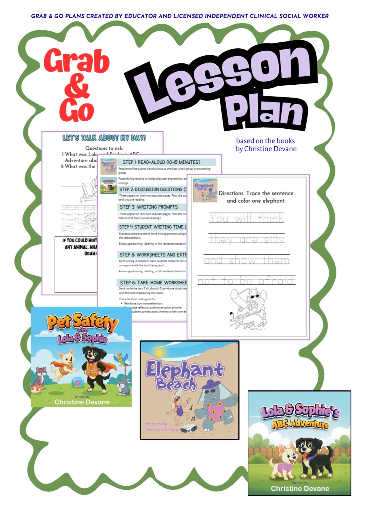 Grab & Go Lesson Plans Bundle- Printable Activities for Elephant Beach, Lola & Sophie's ABC Adventure and Pet Safety with Lola & Sophie